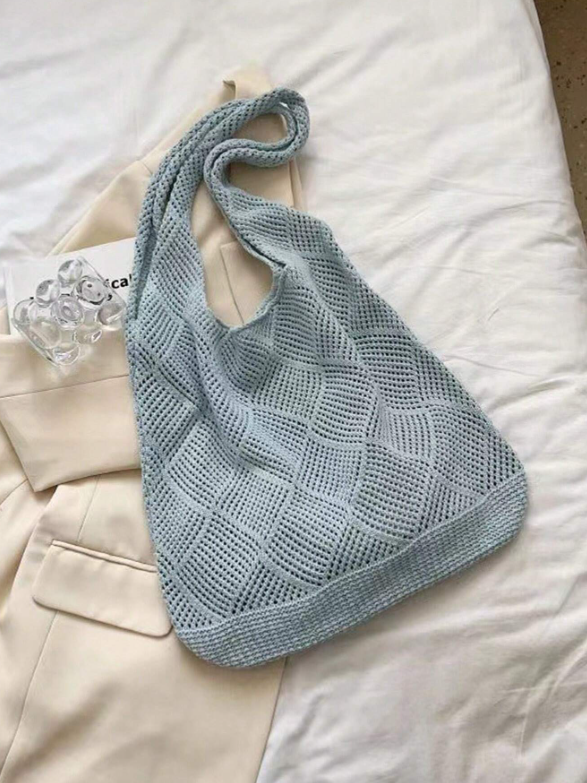 Knitted Shoulder Bag - Khaki/Baby Blue