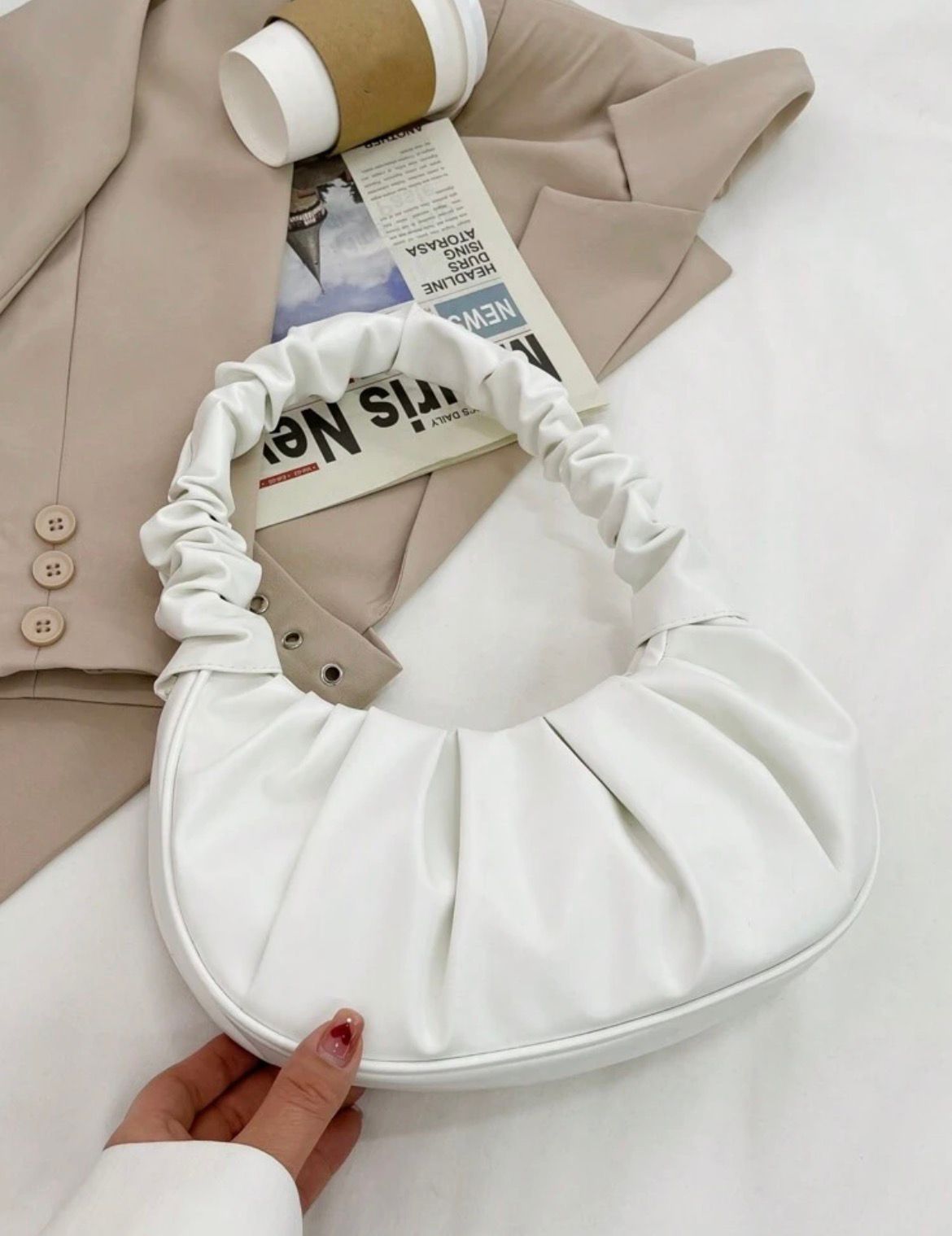 Scrunched Crescent Bag - White