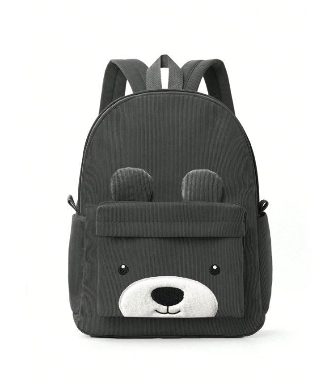 Bear Embroidered Kid's Backpack - Black