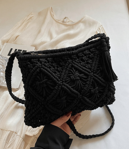 Solid Color Boho Style Woven Shoulder  Crossbody