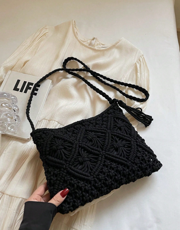 Solid Color Boho Style Woven Shoulder  Crossbody