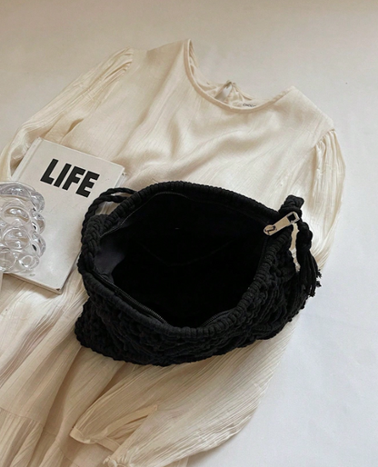Solid Color Boho Style Woven Shoulder  Crossbody