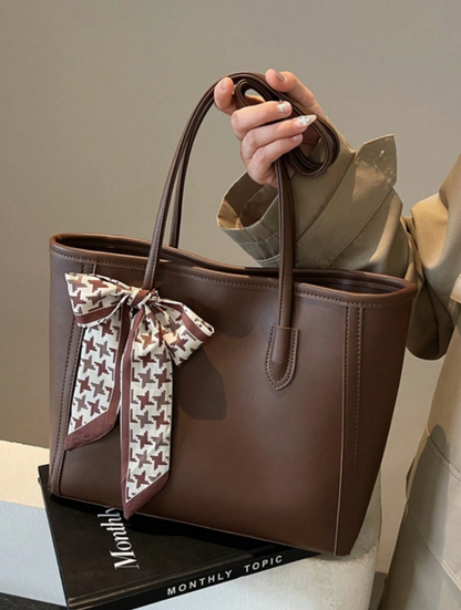 Vintage Tote with Scarf Tie - Black/Coffee Brown