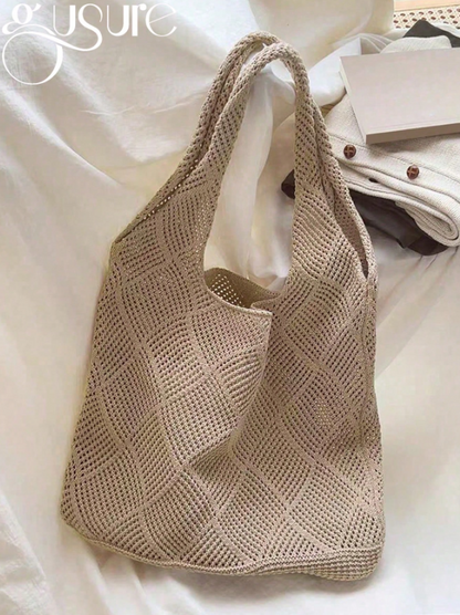Knitted Shoulder Bag - Khaki/Baby Blue
