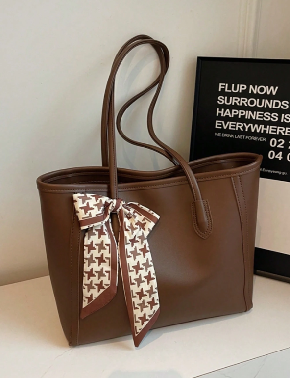 Vintage Tote with Scarf Tie - Black/Coffee Brown