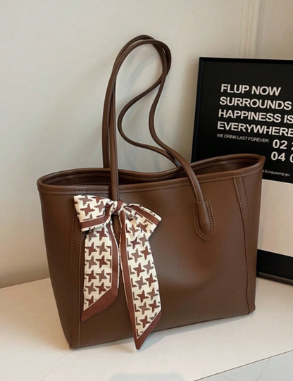 Vintage Tote with Scarf Tie - Black/Coffee Brown