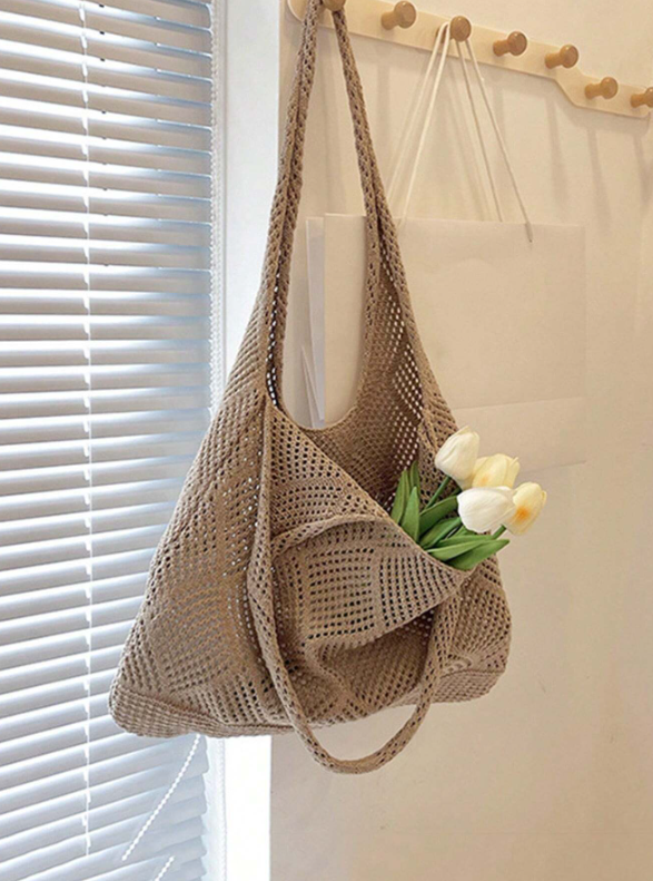 Knitted Shoulder Bag - Khaki/Baby Blue