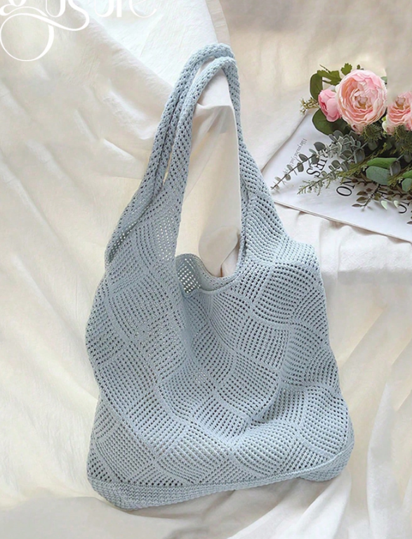 Knitted Shoulder Bag - Khaki/Baby Blue
