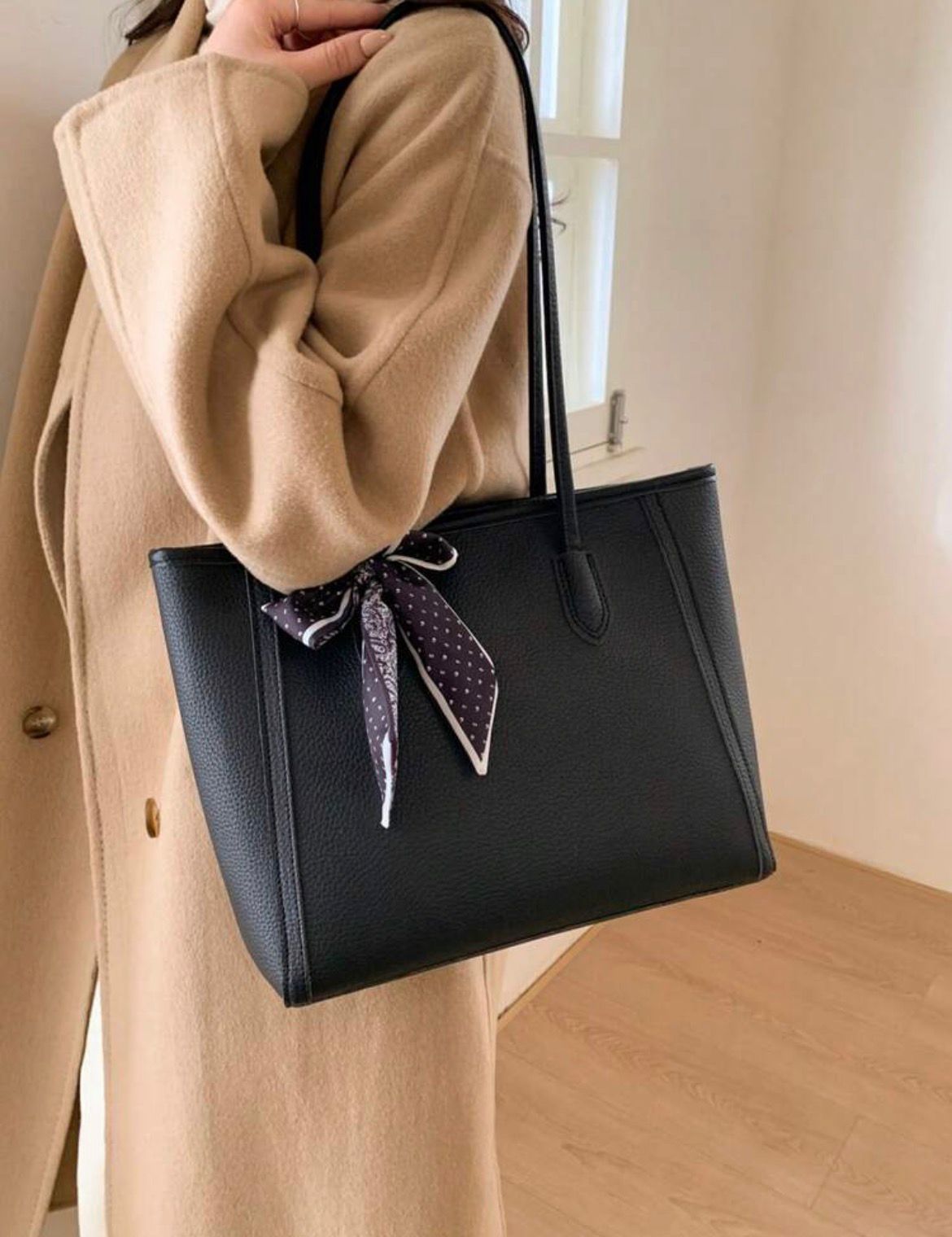Vintage Tote with Scarf Tie - Black/Coffee Brown
